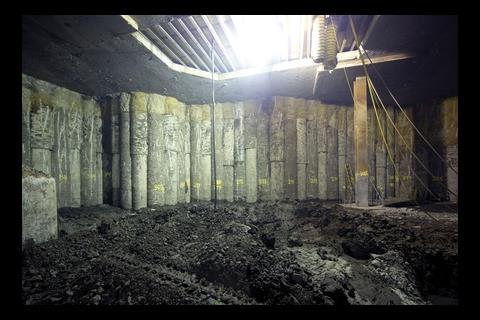 The secant pile wall which forms the perimeter of the basement